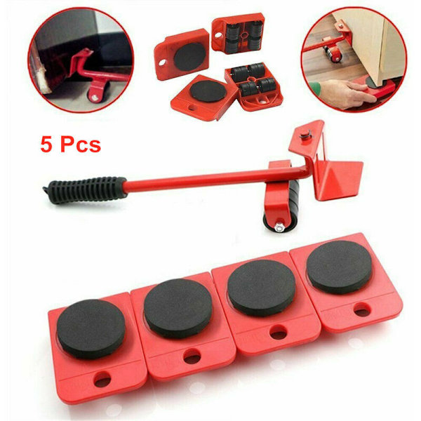 Caster Wheel Furniture Moving Moving Tool Heavy Stuffs Moving Roller med 4 hjul og 1 hjulstang - Rød