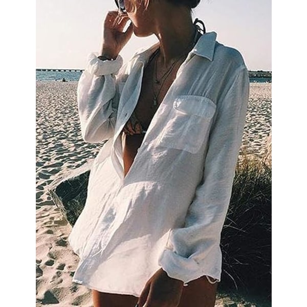Dame langærmet strandskjorte skjorte badedragt cover knap krave