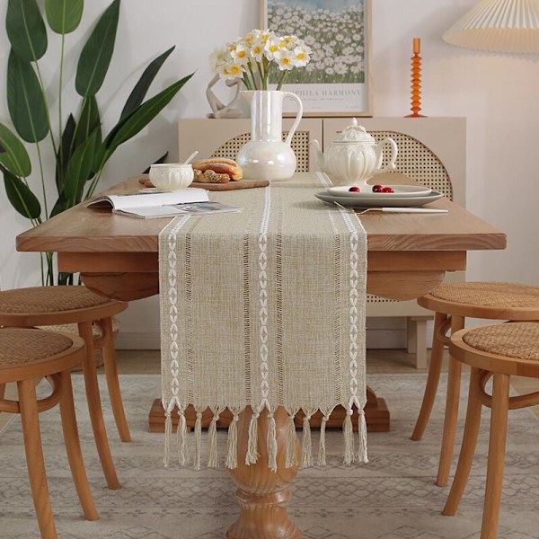 Rustikk linpute med pompom håndlaget, fast stil, 160 cm lang, for festlig og spisestue dekorasjon, 160x33cm