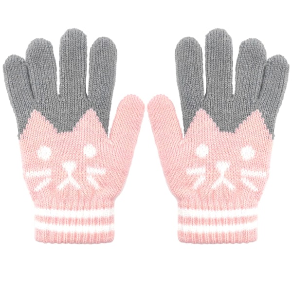 Barnas vinter utendørs skoleklær Daglig bruk hansker Varme strikkede myke hansker Søt katt Varme fullfinger strekkhansker (rosa)