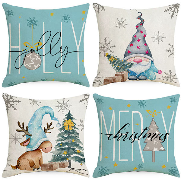 Jul Blå Tryckt Linnekuddfodral Soffa Heminredning Kuddfodral Kudde (4 stycken)