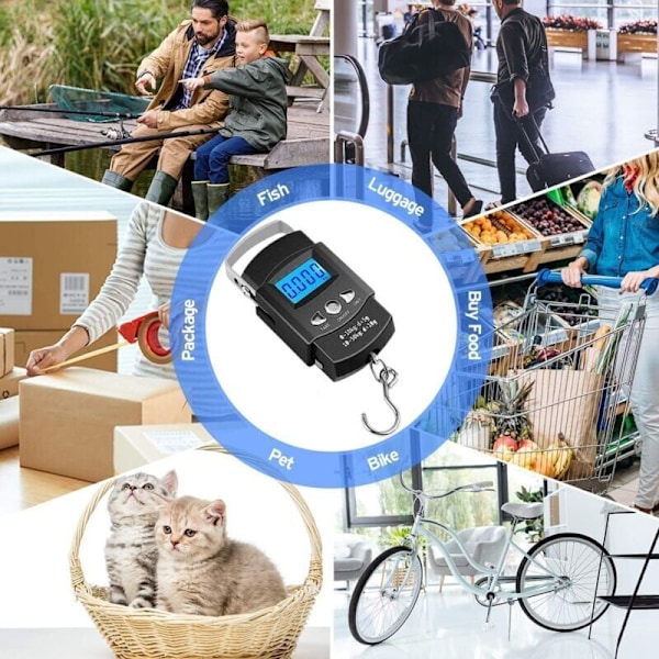 Elektronisk bagagevægt, LCD Digital Bærbar Elektronisk Fiskevægt Digital Kuffertvægt Rejsevægt (Max: 50 kg) med Krog + Målebånd (100 cm)