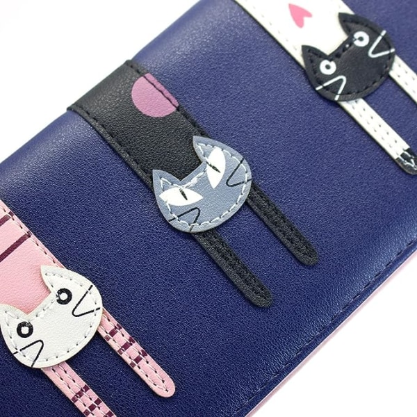 (Mørk blå) Mini Faux Lær-Lang Bifold-Søt 3 Katter-Glidelås Clutch-Håndveske-Kvinne-Gave