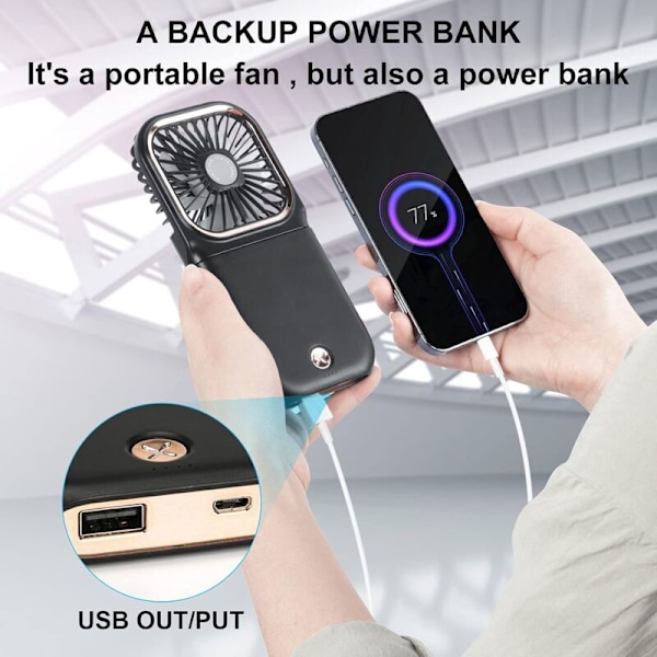 Mini USB-tuuletin, hiljainen kädessä pidettävä riippuva tuuletin, USB ladattava 5000mAh akulla ja 3 nopeudella, kokoontaitettava kannettava tuuletin kotiin, toimistoon ja matkoille, musta