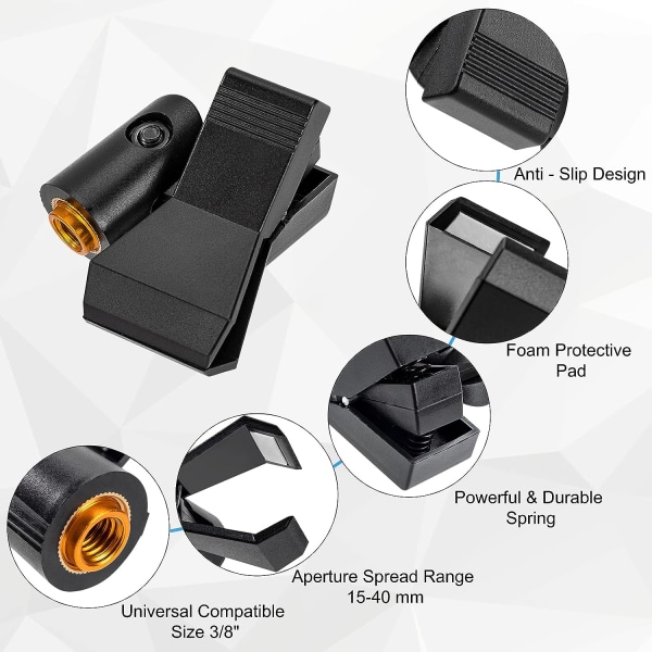 4 stk. mikrofonklemme, universel mikrofonholder, justerbare klipsbeslag til trådløs mikrofon, 5/8 han til 3/8 tommer hunadapter til Lect