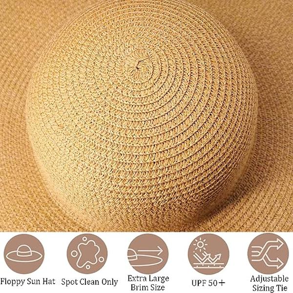 Kvinnors Oversized Strandhatt för Stranden, Fashion Stor Bred Brätte Solhatt - Handrullad Mjuk Solskydd Sommar Strandhatt -57 cm