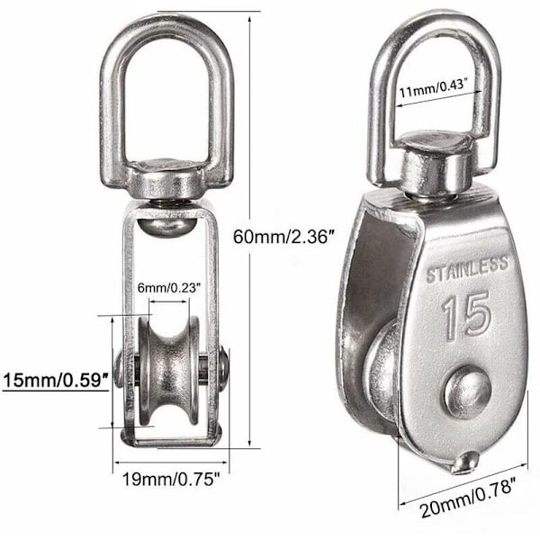 M15 304 ruostumaton teräs yksipyöräinen, 15 mm yksipyöräinen lohkorulla, nosturin kääntyvä koukku sileä vaijerikaapeli Kuormitus 77lbs/35Kg (6 kpl)