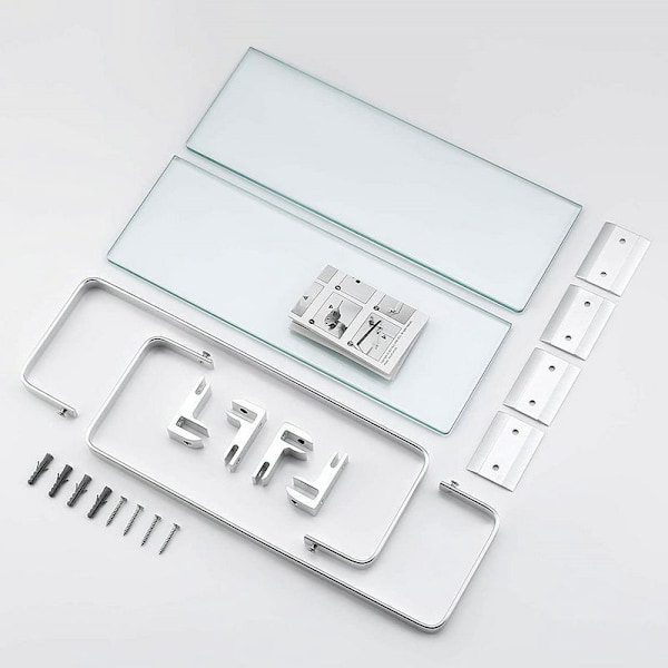 Badrumshylla, glashylla för vägg, aluminium, 8 mm tjocklek, härdat glas, rektangulär, silver, set om 2, A4126A-P2 (40 cm)