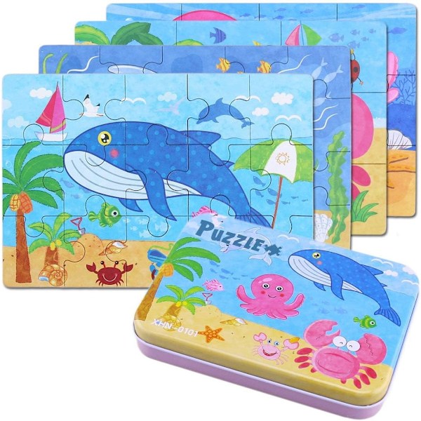 Træpuslespil til børn med 4 forskellige sværhedsgrader, 9, 12, 15 og 20 brikker, den perfekte lærerige version af puslespillet Under the Sea