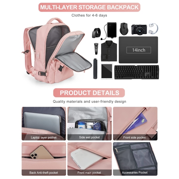 Anti-tyveri vanntett reiselaptopryggsekk - Boarding Business Travel Bag - USB-oppladbar - Rosa