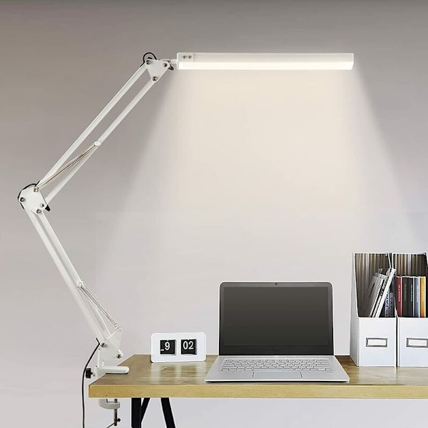 LED skrivebordslampe, sammenleggbar arkitektlampe med klyper, 10 lysnivåer x 3 fargemoduser, justerbar bordlampe, øyebeskyttelse, 5V/2A denne adapteren