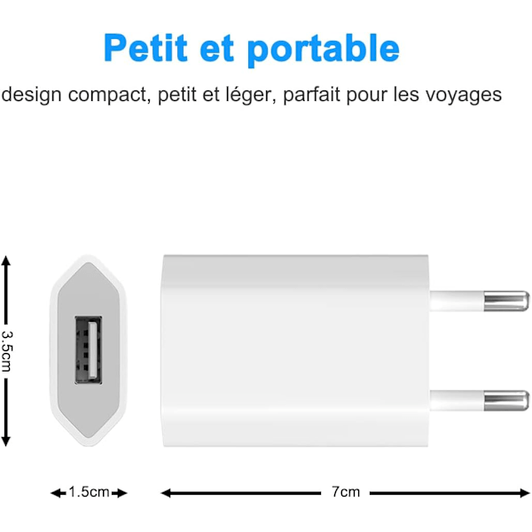 Nät USB-laddare (2-pack), laddningstips för iPhone 8, 8 Plus, 5S, 6, 6S, 6 Plus, 6S Plus, 7, 7 Plus, XS, X, XS Max, iPod Touch 5G, 5V 1A Universal