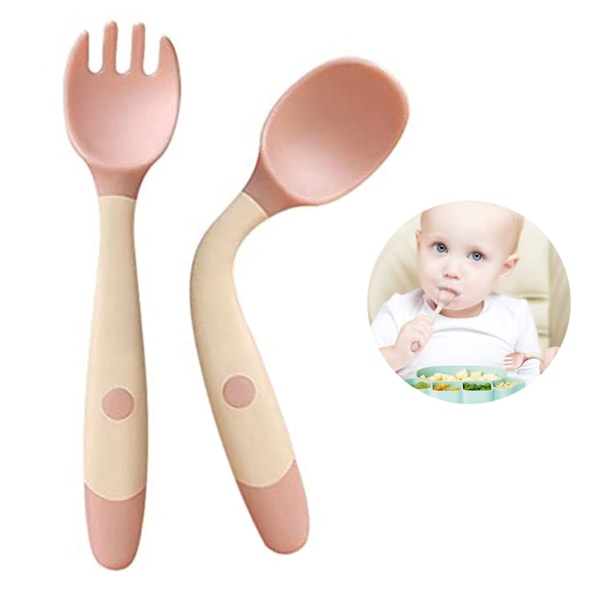 Babyske Spiseske og Gaffel Sæt Rustfrit Stål Buet Foder Ske