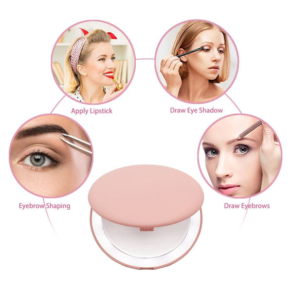 Kompakt spegel, 1X belyst spegel liten resespegel bärbar LED fick spegel för handväska plånbok (rosa)