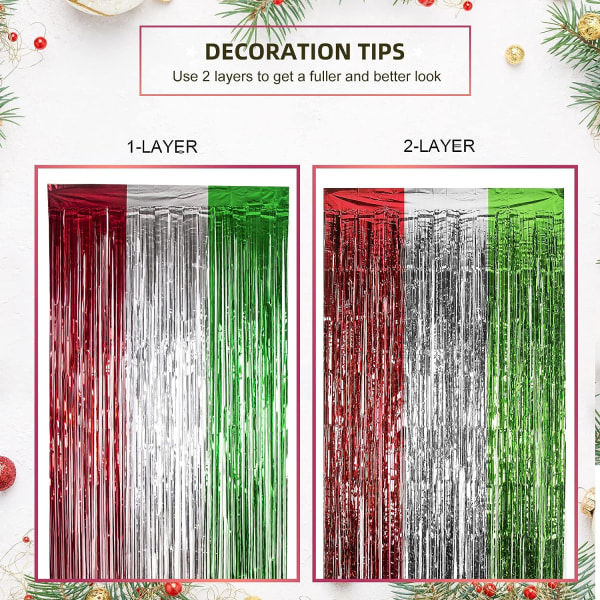 3 Pack Christmas Tassel Curtains Christmas Party Decoration Red Silver Green Tassel Party Backdrop Streamers for Christmas, New Year, Party