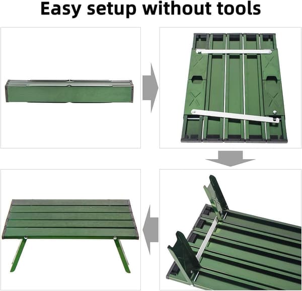 Sammenleggbart strandbord i aluminium, bærbart campingbord, ultralett, grønt