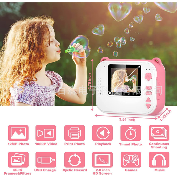 Instant Print Kids Camera 1080P HD digitalt legetøjskamera med 2,0 tommer