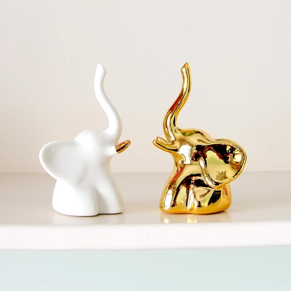 Hjemmeindretning Elefant Statuer, 1 Par til Hylder, Små Dekorationer i Stuer og Soveværelser, Guld og Hvid