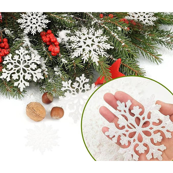 36 stk hvite snøfnugg ornamenter i plast med glitter for vinter og juletrepynt i varierende størrelser (w