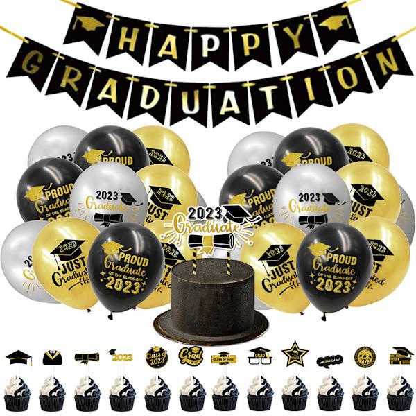 Bannere og ballonger til graduering, gradueringsbanner, sorte og gullfargede latexballonger til graduering for videregående skole og universitetsgraduering