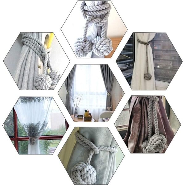 Set med 2 st Draperihållare med Två Bollar Handgjorda Flätade Rep Draperihållare Hampa Draperi Spänne Rustik Stil, Chic Dekorativ Draperitillbehör