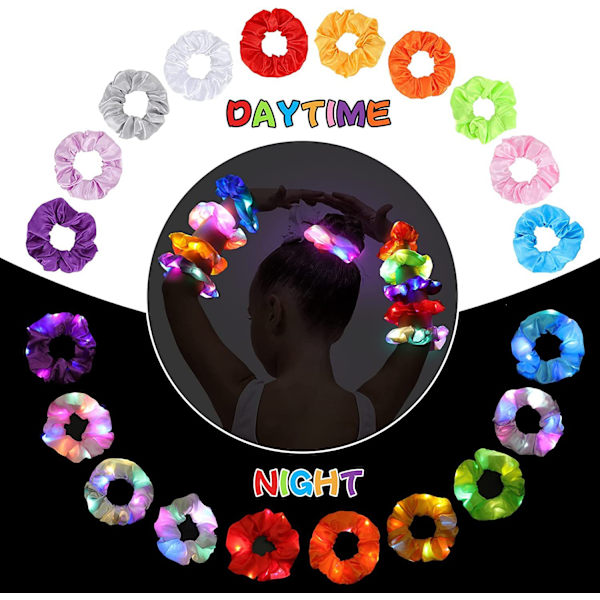6 stk LED lys opp scrunchie, lys opp elastisk hårbånd, scrunchies for jenter, lys opp hestehale hårbånd for neon Halloween jul bursdag