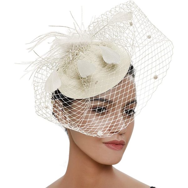 Beige - Naisten elegantti häähattu hunnu Vintage Mesh päähine Mini häähattu Beret sulka hiuskoriste Fancy Dress Eve