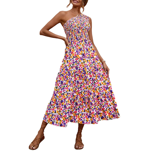 Kvinder Off Shoulder Ærmeløs Casual Sommerkjole, 2023 Ruched Højtaljet Blomster Flowy Strand Boho Maxi Kjole