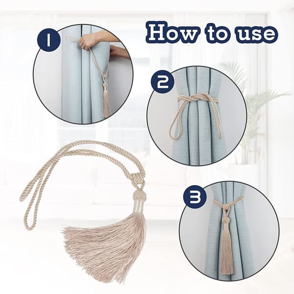 Set om 4 gardinbindningar rep flätad polyester bomullsvävnad draperibindningar med tofs dekorativa gardintillbehör, beige
