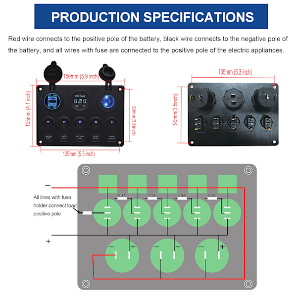5-vägs multifunktions 5-vägs vippströmbrytare Dubbel USB-laddare + Digital voltmeter + 12V-uttag Förkopplad strömbrytarpanel med kretsbrytare för RV Voi