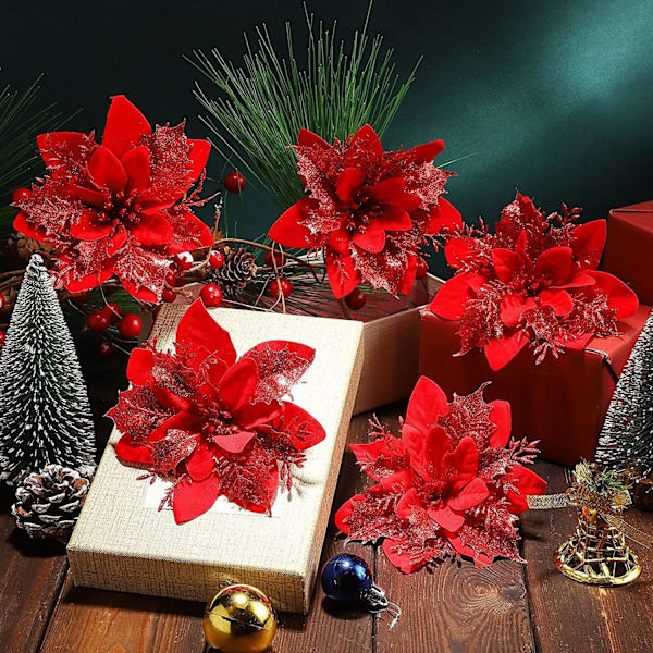 20 st röda juldekorationer, konstgjorda julblommor, glitter julgransgirlang, konstgjorda blomhänge, för julgran