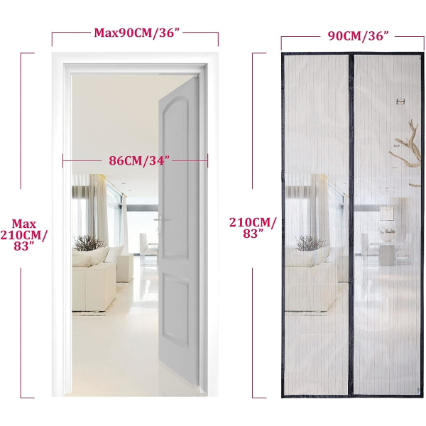 Magnetisk Myggenet til Dør, Masketæppe, Top til Bund Magnetisk Tætning med Selvlukning, Holder Frisk Luft Inde (90x210cm, Sort)