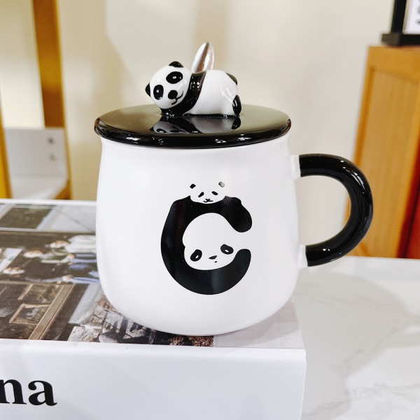 Sød Panda Kaffe Krus med 3D Panda Låg og Ske, Gave til Panda Elskere (Panda C Bit)