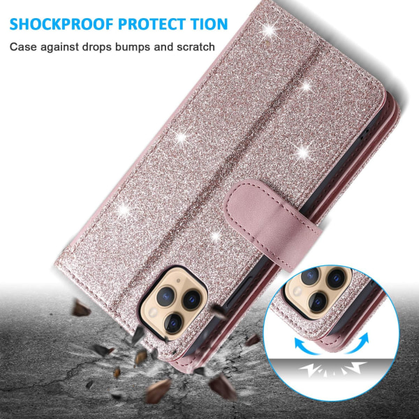Plånboksfodral för iPhone 14 Pro, 6,1\" (telefon ingår ej) - Roséguld, 9 kortplatser, blixtlåsförsedd ficka, handväska, PU-läder magnetisk montering, Shockpro