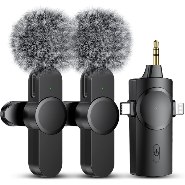Doble trådløse mikrofoner for iPhone/Android-telefon/kamera/bærbar,