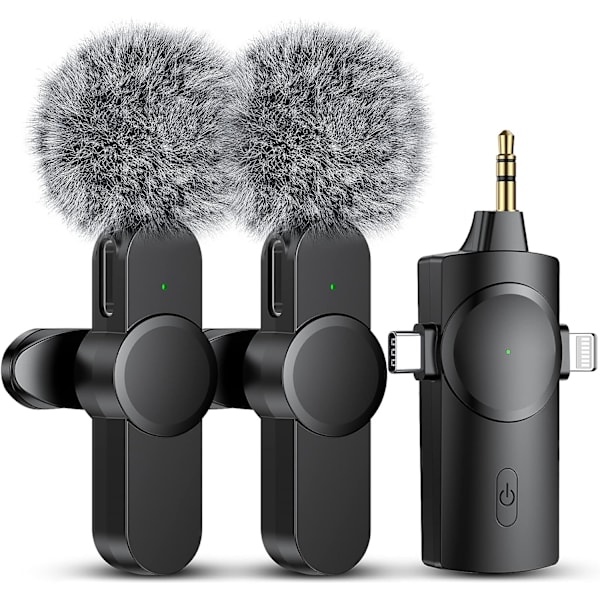 Kaksi langatonta mikrofonia iPhone/Android-puhelimeen/kameraan/kannettavaan tietokoneeseen, langaton lavalier-mikrofoni videotallennukseen YouTube TikTok Facebook, Plug-Pla