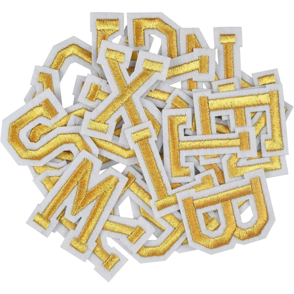 52 st påstrykningsbokstäver, alfabetet A-Z applikationslappar, guldsydda