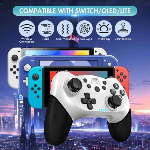 Bryterkontroller, trådløs Pro-kontroller for Switch/Switch Lite/Switch OLED med vekkefunksjon, turbo og gyro-akse (hvit+svart)