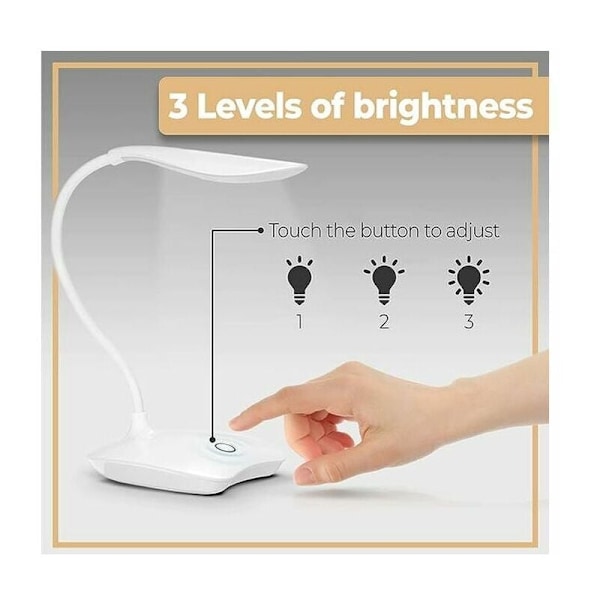 Flexibel LED-skrivbordslampa med taktil dimmer - 3 ljusstyrkenivåer, idealisk för läsning, arbete och studier