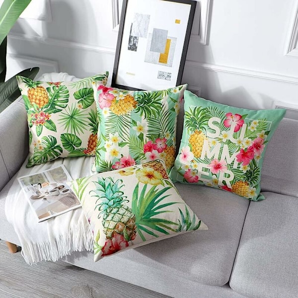 Utekuddöverdrag, Set om 4, Vattentäta Tropiska Växter Ananas Mönster för Soffa, Uteplats, Trädgård, Vardagsrum, Sovrum, Dekoration, 45 x 45 cm