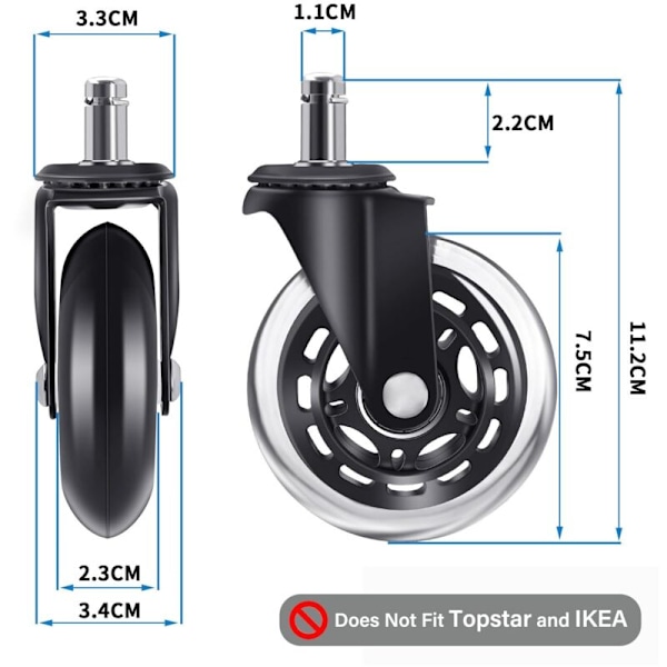 5 hjul til kontorstol, 11x22 mm ROLLETTER Kontor Behagelig og lydløs 360° rotation Beskytter mod slid på gulvet
