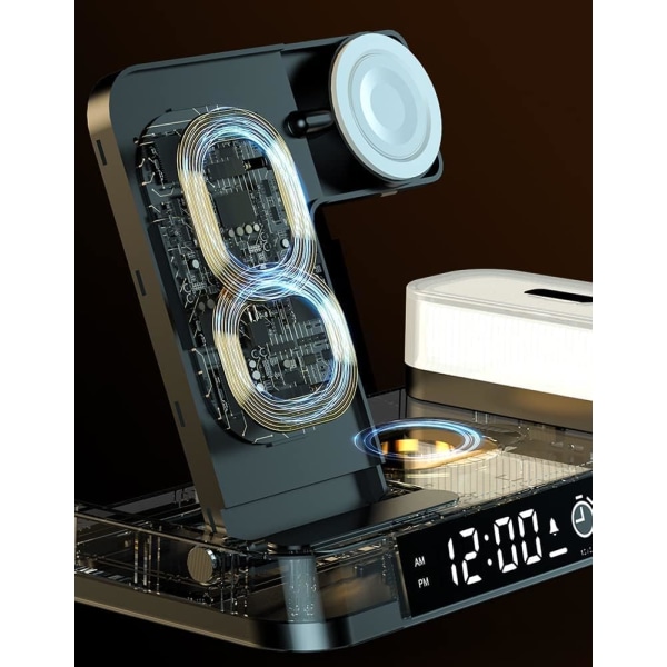 Langaton laturi, 4-in-1 langaton latausasema LED-yövalolla, digitaalikello, AirPods & watch , Apple iPhone (musta)