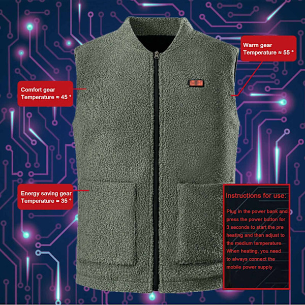 Termisk vest med dobbel knappkontroll USB elektrisk oppvarmet vest (L, grå) Smart elektrisk oppvarmet vest oppladbar, batterier ikke inkludert