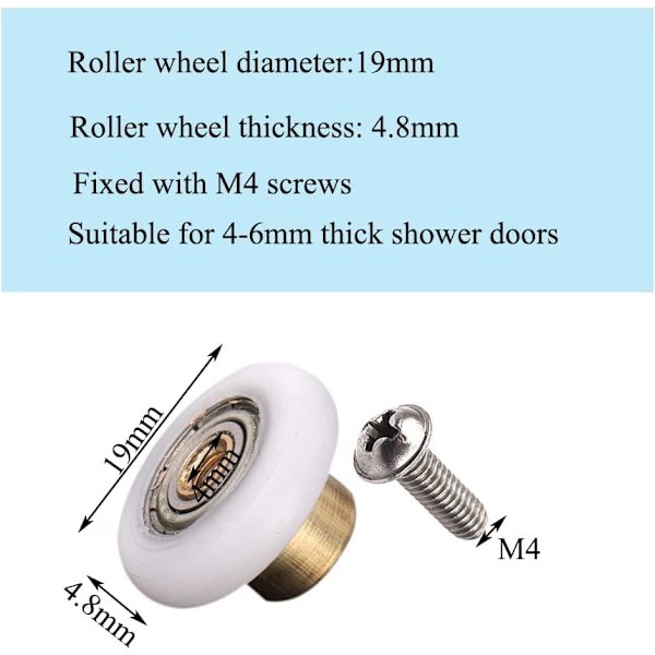 Set med 4 erstatningsruller for dusjdører, 19 mm diameter