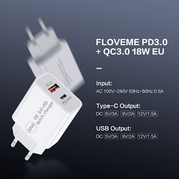 Egnet til iphone13 QC3.0 hurtig opladning PD mobiltelefonoplader 20W PD opladningshoved rejseoplader
