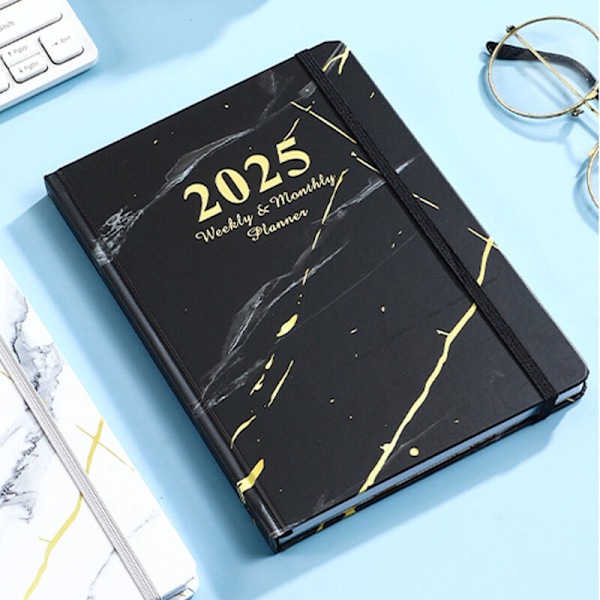 Kalenteri 2025 - Kalenteri/päiväkirja 2025, viikko- ja kuukausinäkymä 2025, kalenteri välilehdillä, kestävä kansi, paperi, taskukokoinen