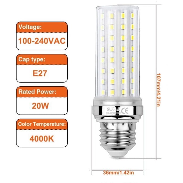 3 stycken LED 20W majslampor, motsvarande 150W glödlampa, 2300Lm, 4000k neutralvit, E27 sockel