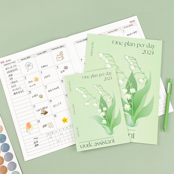 2024 Green Lily of the Valley Year Planner Spiral Calendar Planner A4 Notebook Agenda Notebook Monthly Plan Notepad Time Planner