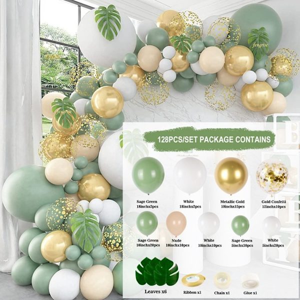 Olivolja grön födelsedag ballongbåge, salviagrön ballonggirlang vit guldkonfetti retrogrön ballong för pojkes födelsedagsfest, babyshower, djungel