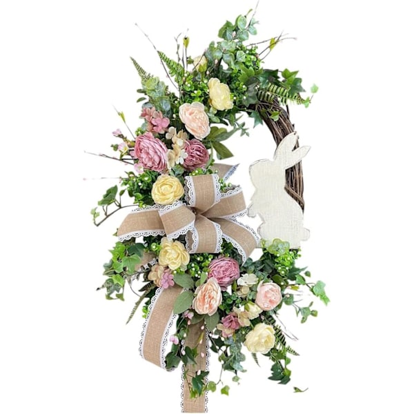 Påskkrans för ytterdörr, kaninhusskylt i trä, påskkanin, påskhängande dörrskylt, dekoration, blomsterkrans för påsk, väggfönsterdekoration